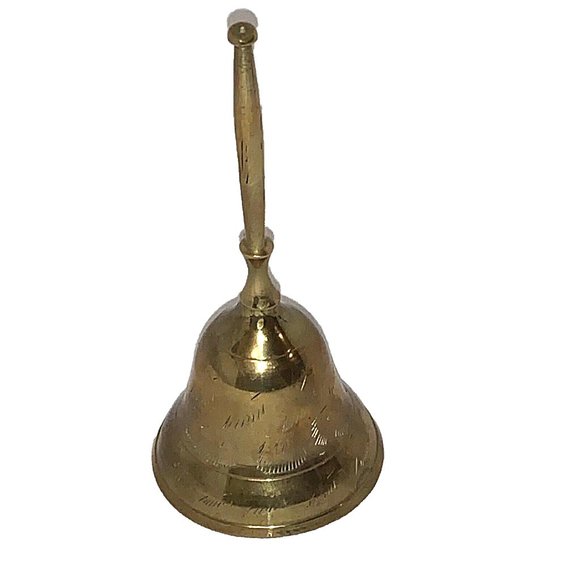 Etched Brass Bell - Made In India - Chime Alarm - Hand Bell Ringer Vintage - 6” - Picture 1 of 7